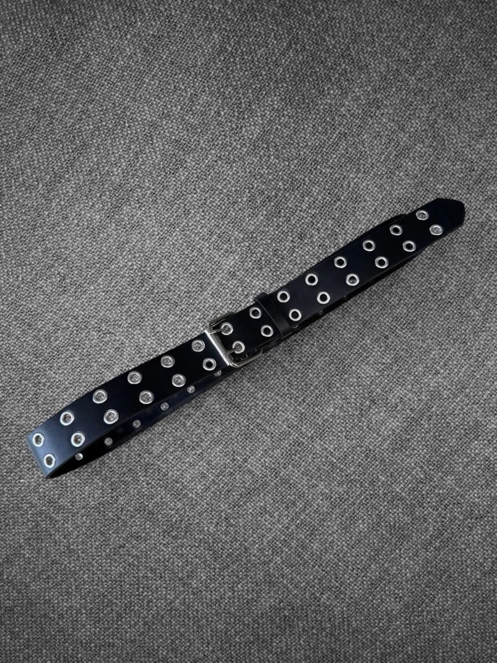 Black Wide Double Row Grommet Belt Silver Double Prong Buckle Punk Y2K